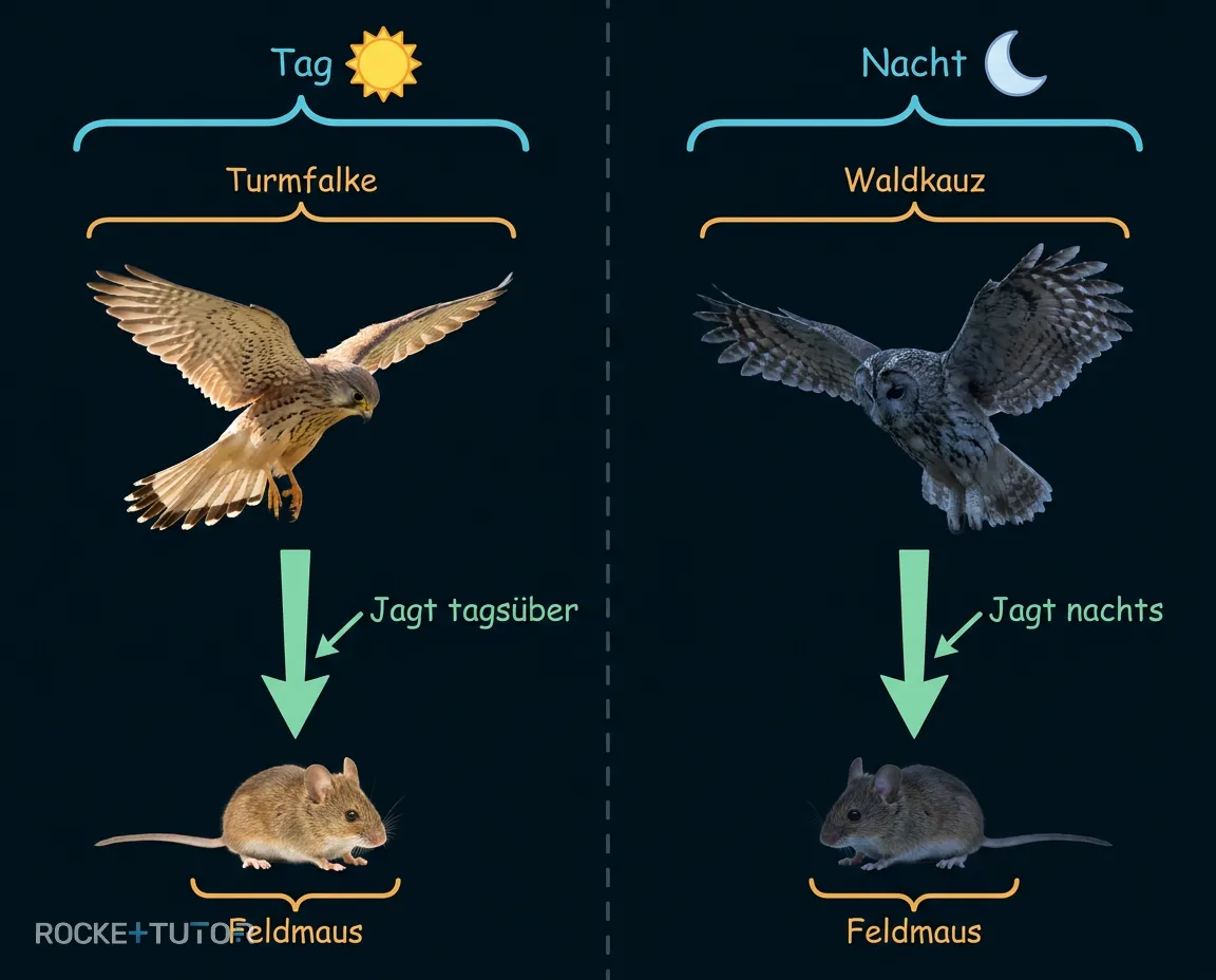 Turmfalke und Waldkauz jagen zeitversetzt