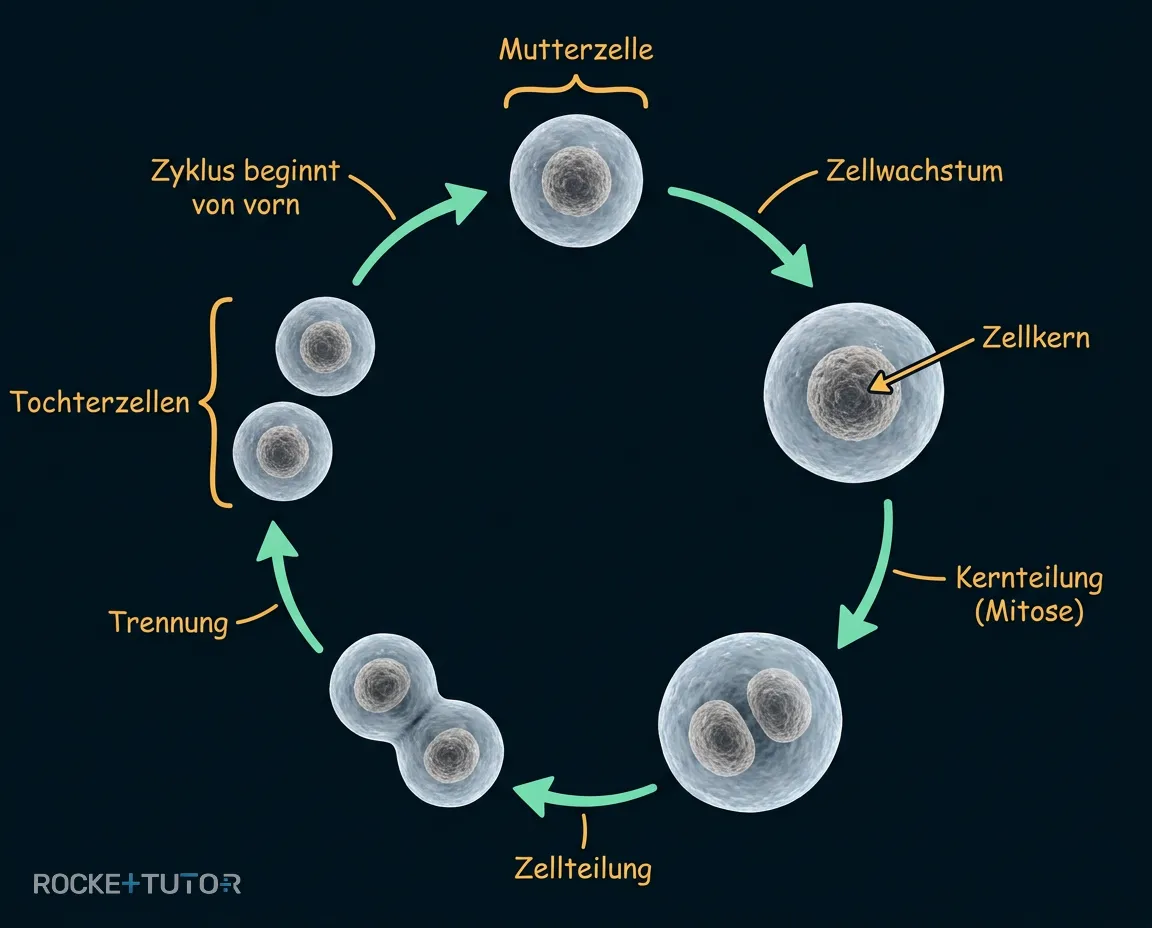 Zellzyklus mit Mutterzelle und Tochterzellen