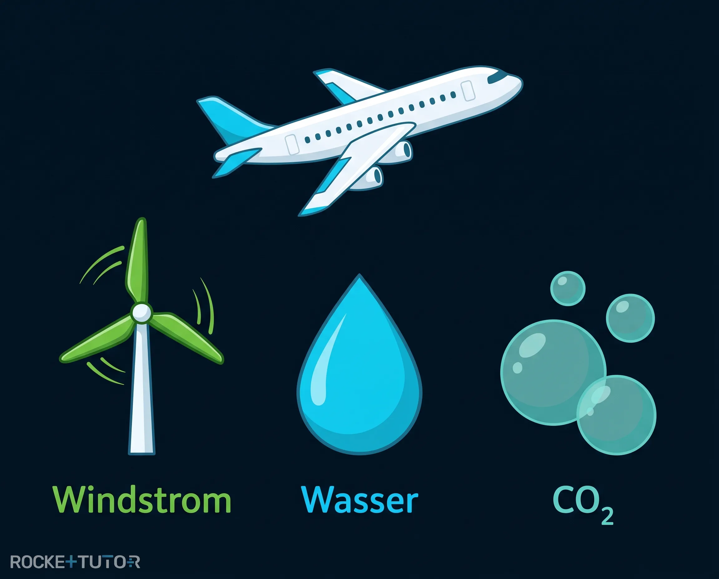 Flugzeug mit E-Fuels und Windrad
