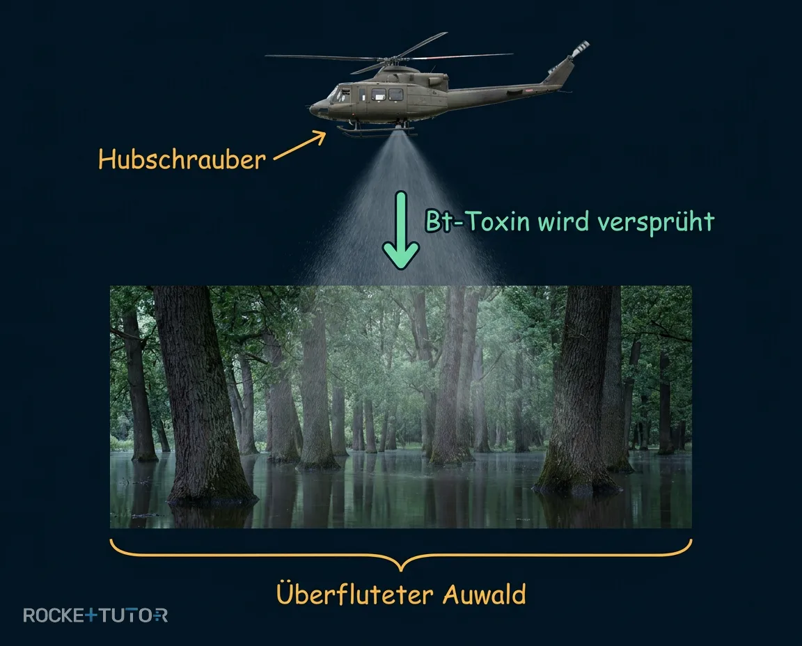 Hubschrauber sprüht über Wald