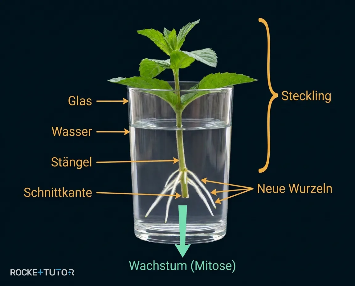 Steckling mit neuen Wurzeln im Wasserglas
