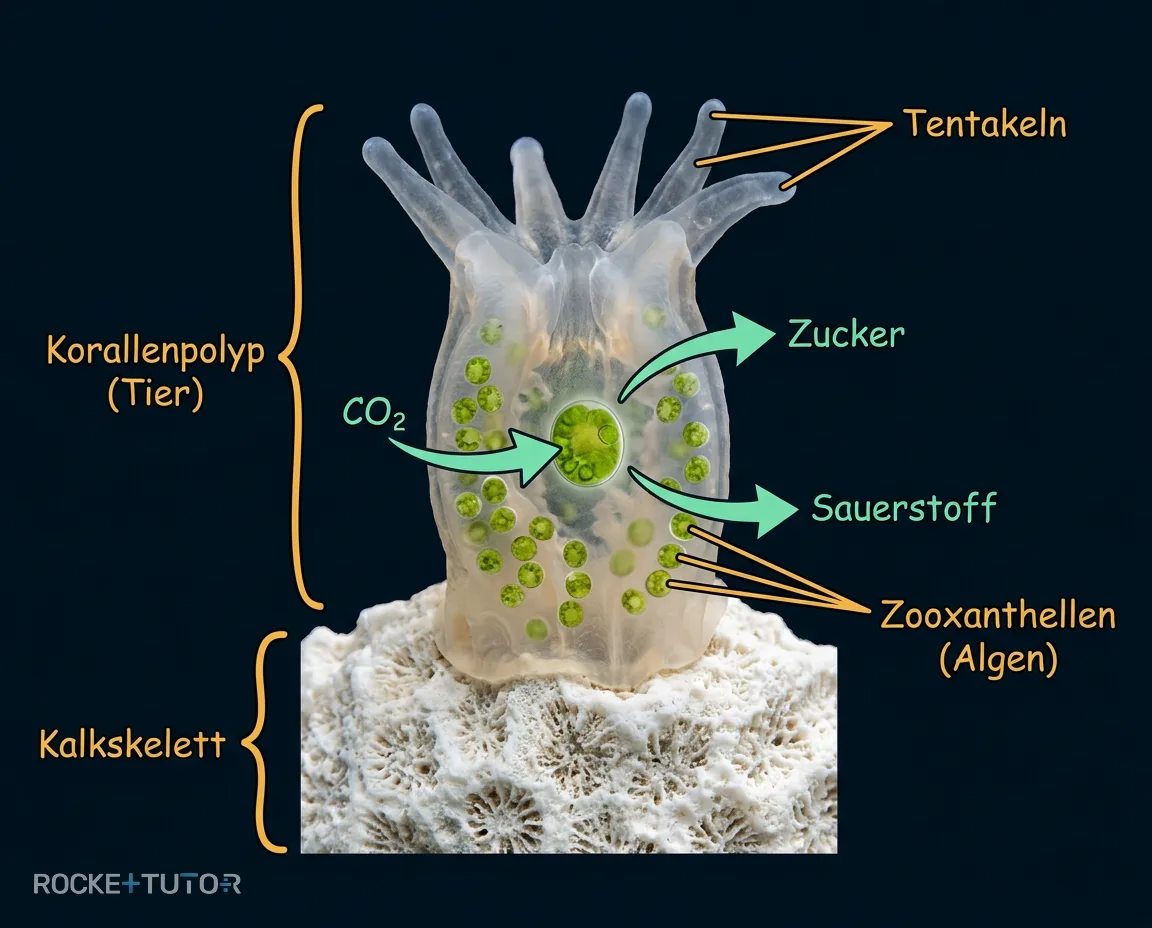 Symbiose zwischen Korallenpolyp und Zooxanthellen
