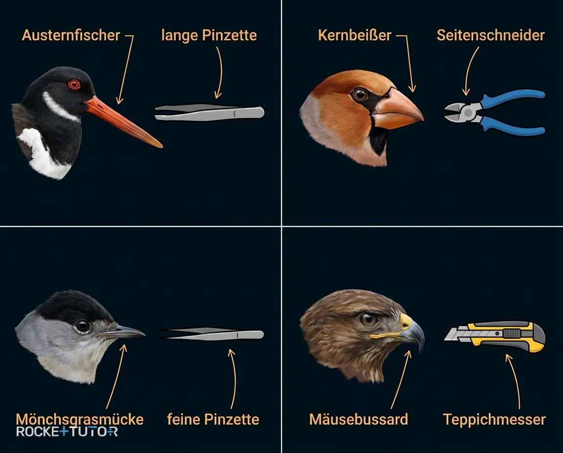 Verschiedene Schnabelformen von Vögeln
