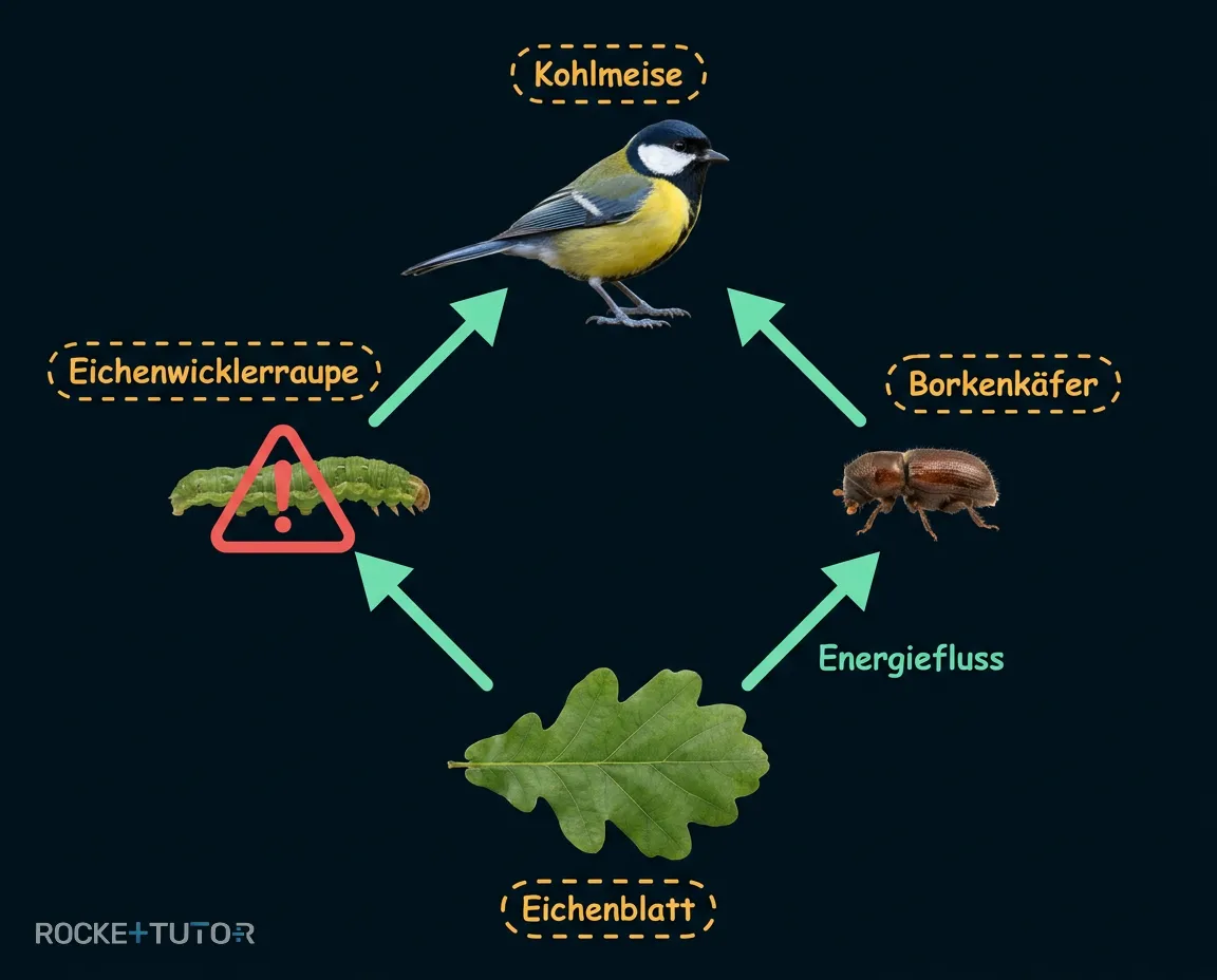 Nahrungsnetz mit Eiche, Raupe und Meise