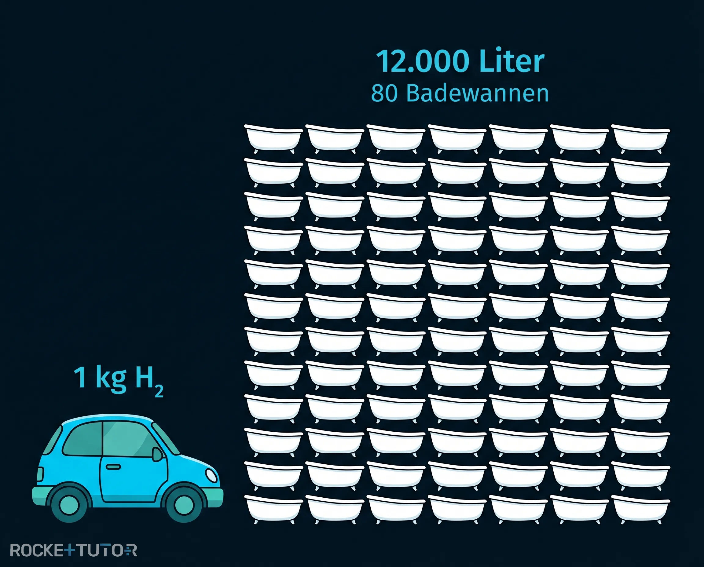Volumenvergleich von gasförmigem Wasserstoff