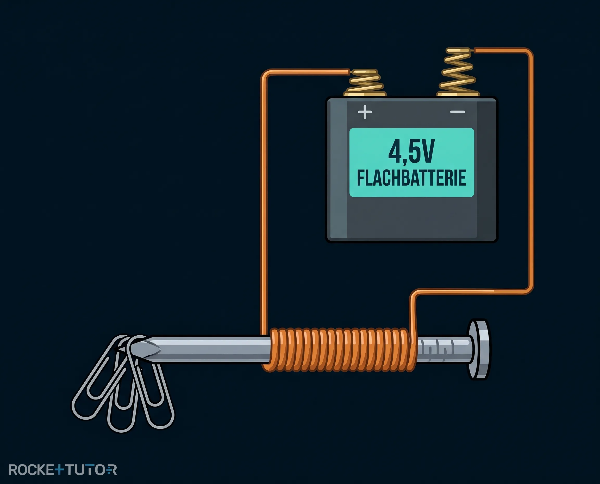 Selbstgebauter Elektromagnet mit Nagel und Batterie
