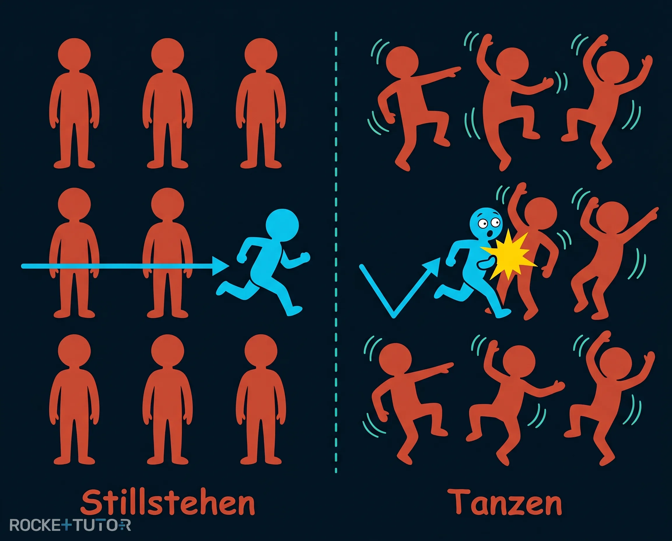 Person rennt durch tanzende Menschenmenge