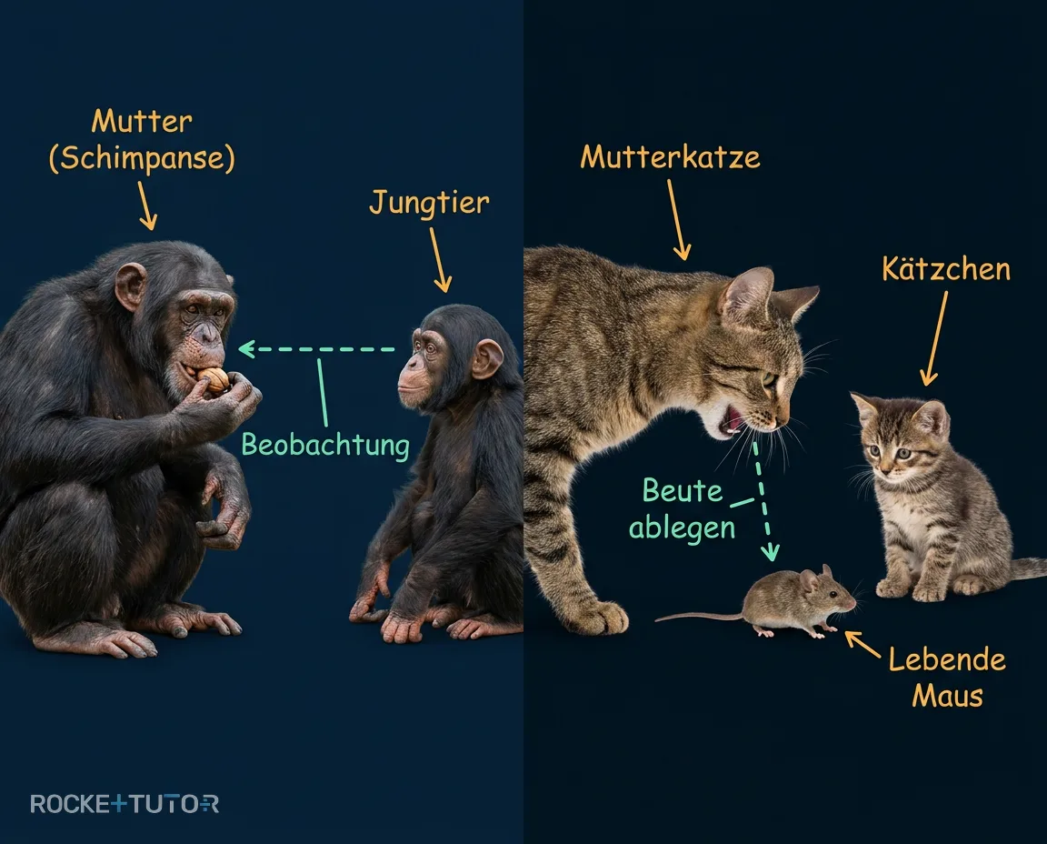 Schimpanse und Katze beim Lernen