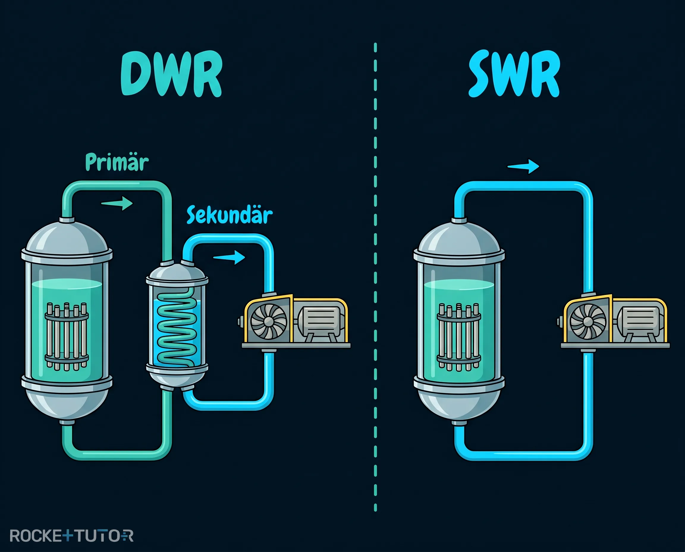 Schema eines Druckwasserreaktors mit Kreisläufen