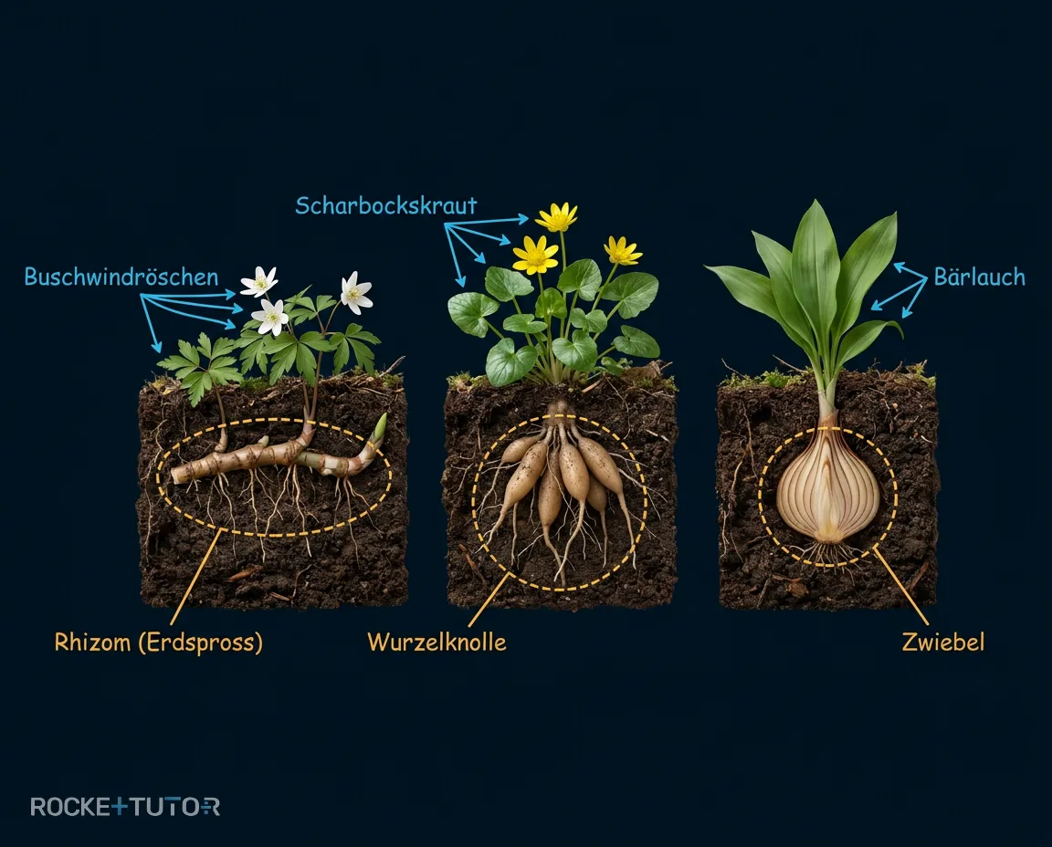 Rhizom, Wurzelknolle und Zwiebel
