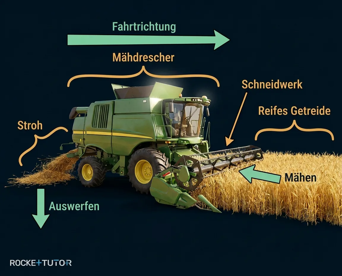 Mähdrescher erntet reifes Getreidefeld