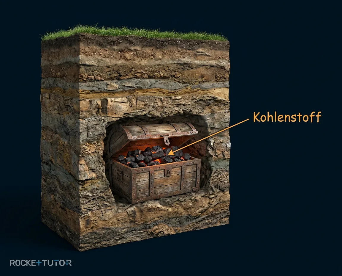 Schatztruhe mit Kohlenstoff in Erde