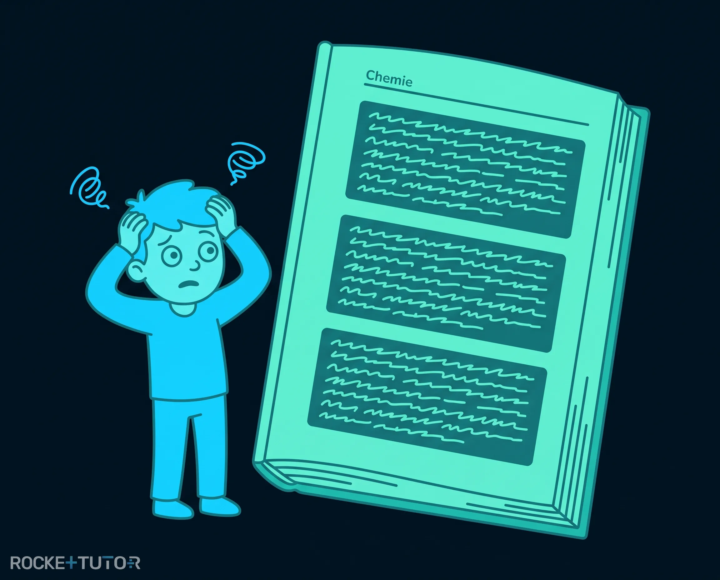 Schüler liest langes Chemiebuch