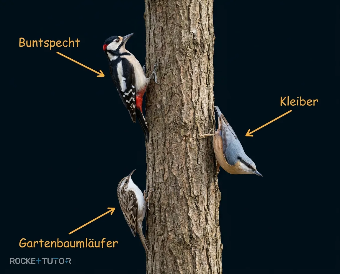 Drei Vögel am Baumstamm